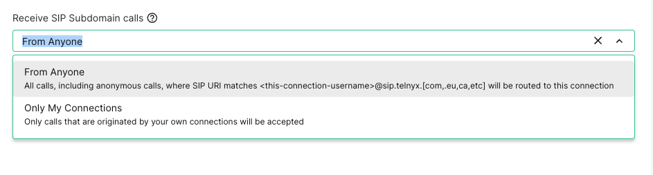 Receive SIP Subdomain calls set to From Anyone in Telnyx connection settings