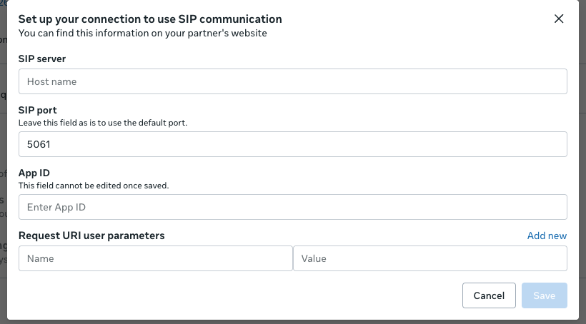 SIP connection dialog showing the SIP server field