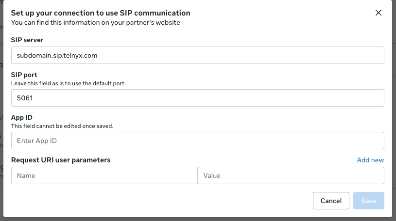 SIP server field populated with the example hostname subdomain.sip.telnyx.com