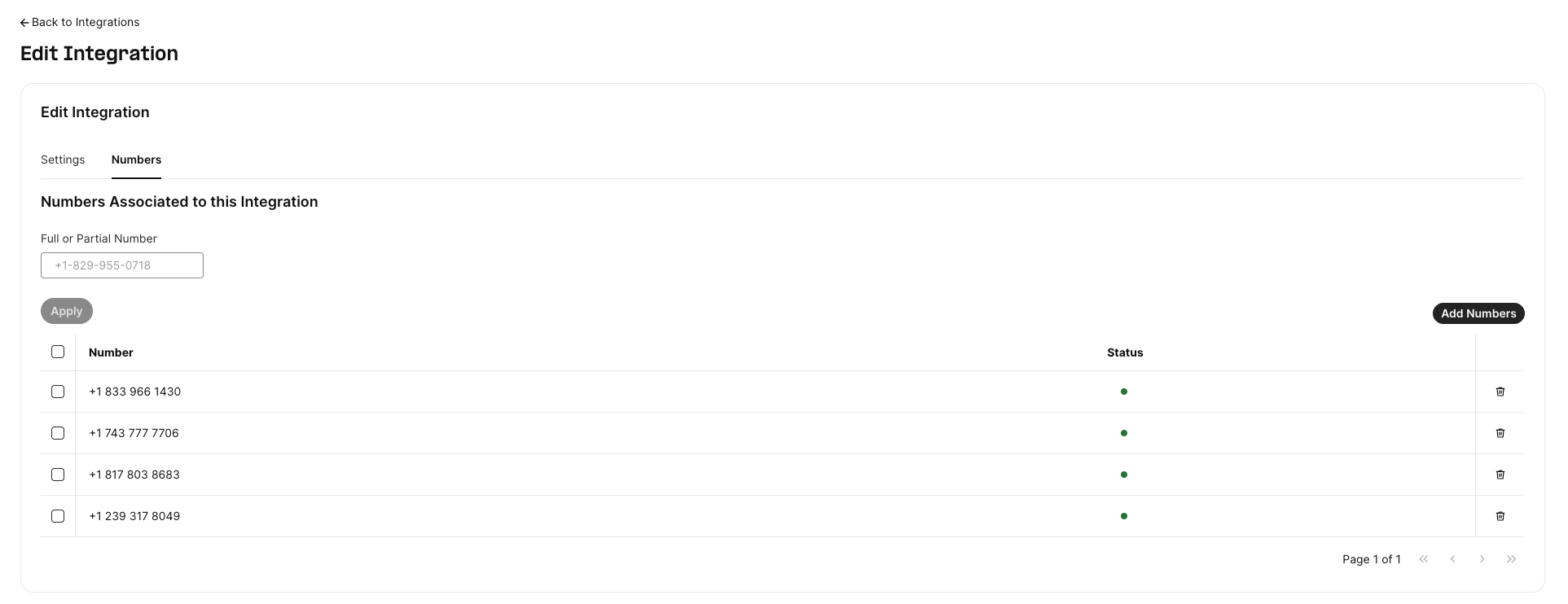 Numbers associated with the Zoom integration and their status