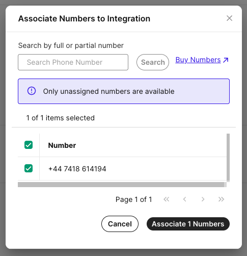 Select a Telnyx number and confirm its association