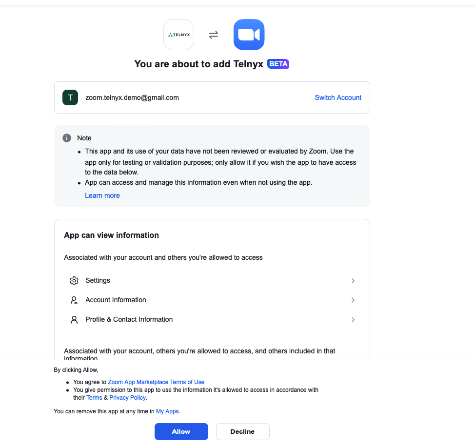 Zoom authorization request for the Telnyx app