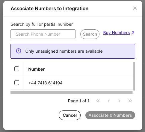 Available Telnyx numbers and Buy Numbers option