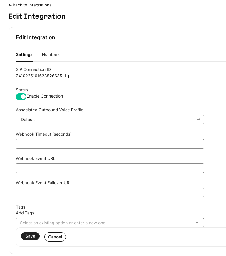 Integration Settings tab with Enable Connection control