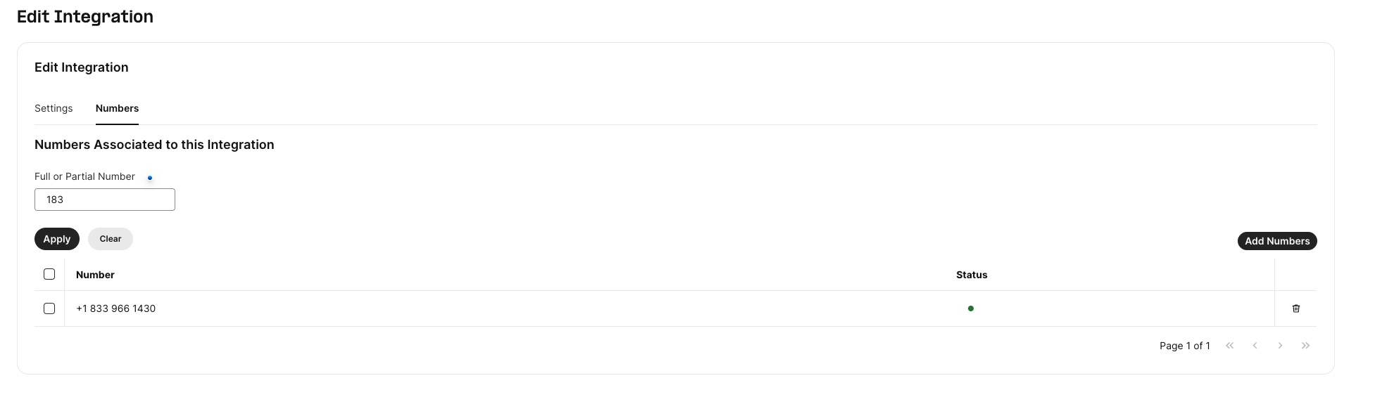 Integration Numbers tab with number removal controls