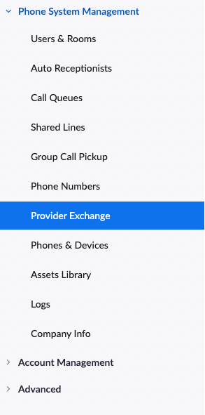 Provider Exchange in the Zoom Phone System Management menu
