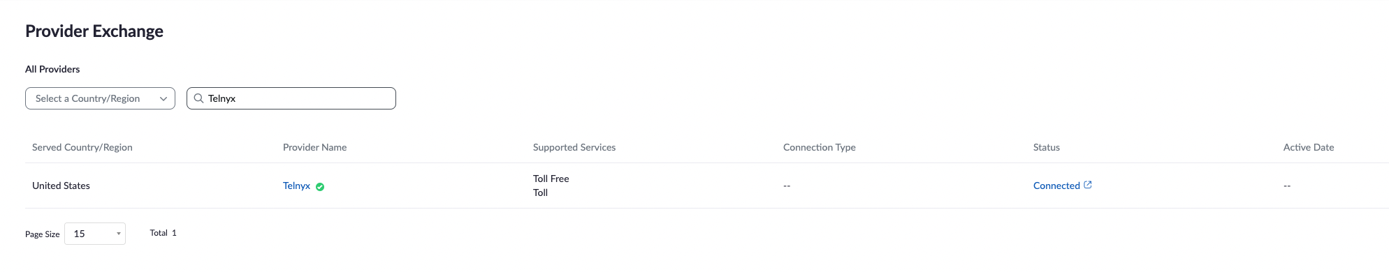 Telnyx in the Zoom Provider Exchange provider list